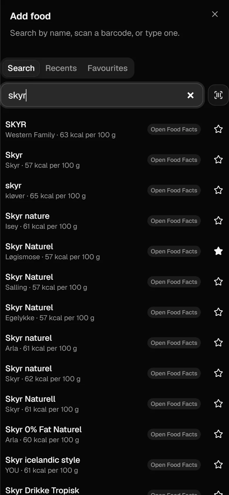 Adding a food: a search for skyr with results from Open Food Facts, a star to favourite each one, and a barcode scanner button beside the search box.
