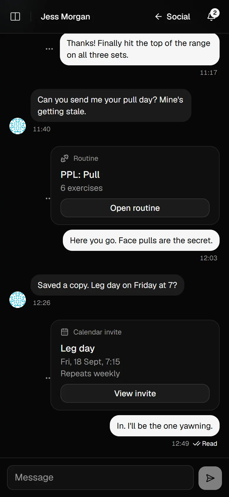 A chat with Jess Morgan, with a shared PPL: Pull routine card, a Leg day calendar invite and a read receipt.