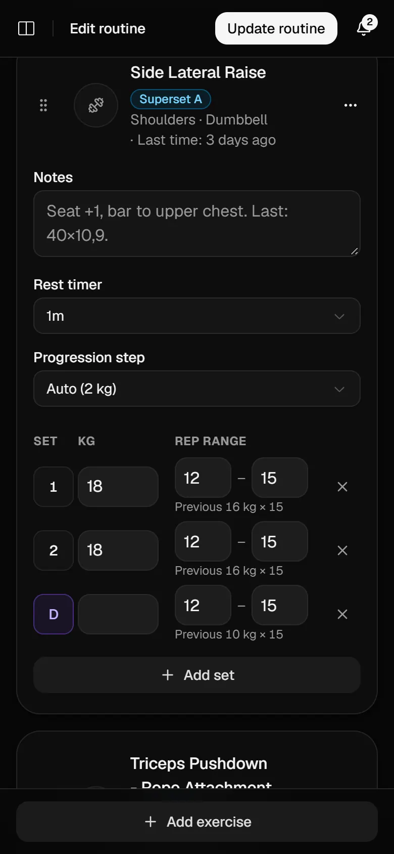 Editing Side Lateral Raise in Superset A: 1 minute rest, an automatic 2 kg progression step, two sets of 18 kg for 12 to 15 reps and a drop set.