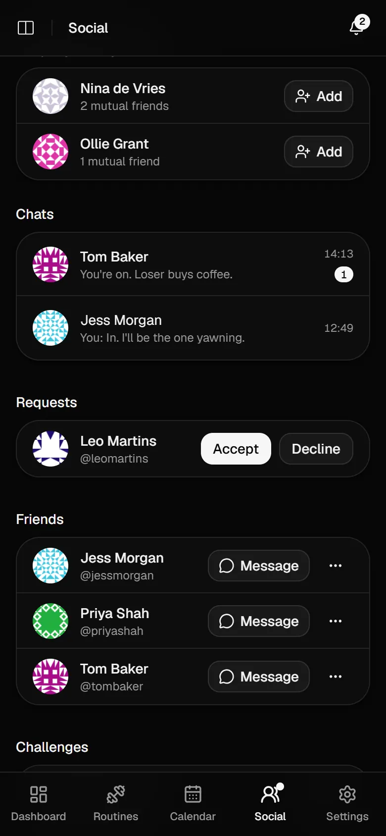 The social page: friend suggestions with mutual friends, recent chats, a friend request with Accept and Decline, and the friends list.