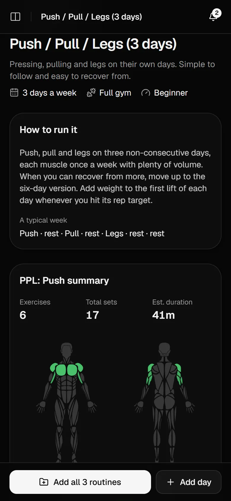 The Push / Pull / Legs (3 days) program: 3 days a week, full gym, beginner, how to run it, a typical week, and a body map of the push day, with a button to add all 3 routines.