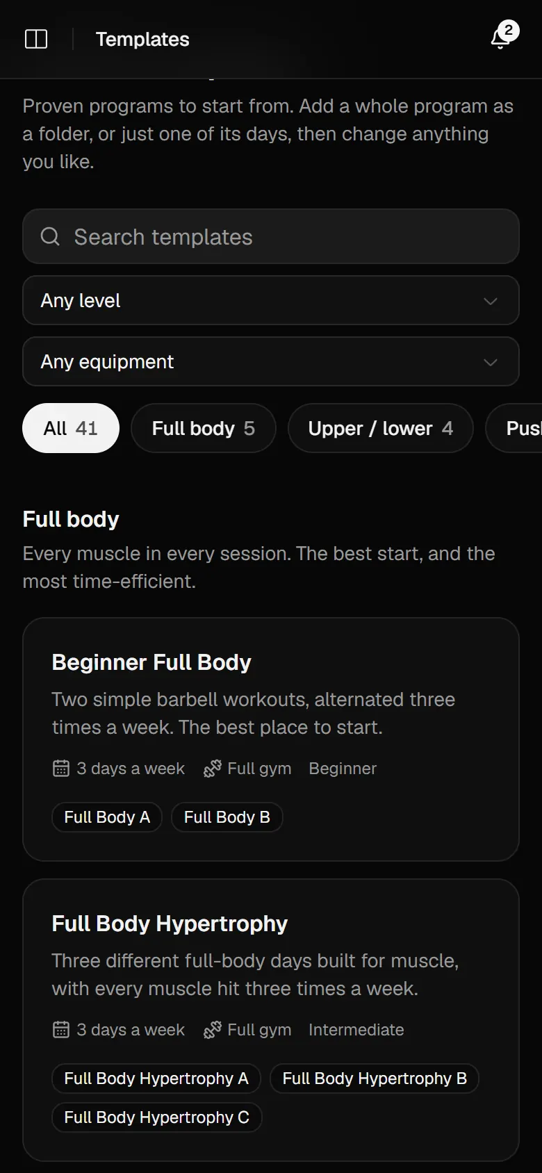 The program library: search, level and equipment filters, categories such as All 41, Full body and Upper / lower, and cards for Beginner Full Body and Full Body Hypertrophy.