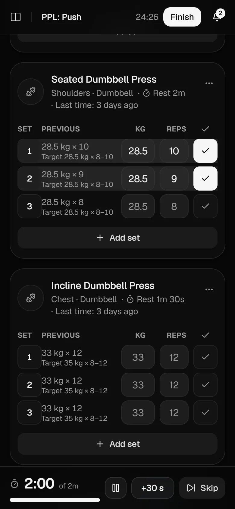 Seated Dumbbell Press mid-workout: two sets ticked at 28.5 kg with last time's numbers and targets beside each, and the rest timer counting down from 2 minutes.